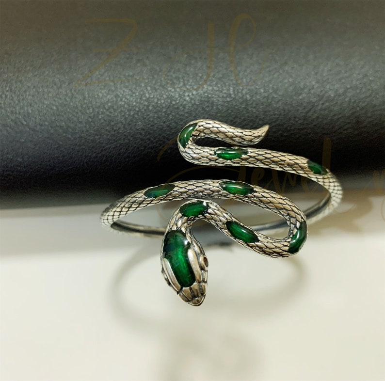 Tel Rong Snake Bangle Arm Cuff,stelring Silver Serpent Bracelet,green Enamel ...