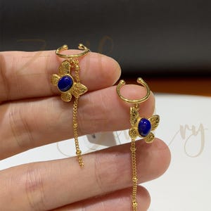 Sterling Silver Turquoise Butterfly Dangle Ear cuff, No piercing Lapis Drop Chain Ear Cuff,Gemstone Wrap Earrings,Conch Ear Cuff, Gifs