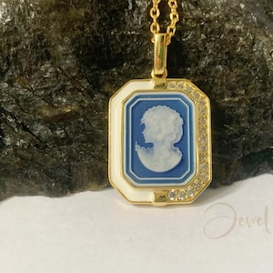Dainty Cameo Pendant Necklace,Blue Agate Cameo Square Charm Necklace,Vintage Gemstone Necklace for Women,Wedding Birthday Gift for her