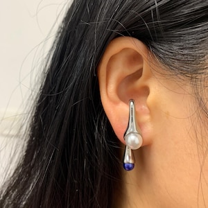 Synthetic Pearl Ear Jacket Earrings,Unique Front and back earrings,Modern Earrings,Brass -White Gold Plated,Gothic earrings,Gift for her