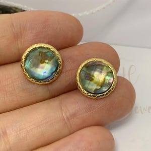 13mm Round Abalone Shell Stud Earrings,Vintage Crystal Earrings for Women,925 Strling Silver Gold Vermeil ,Birthday Gift for her