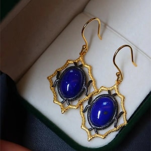 Natürliche Lapislazuli Ohrringe für Frauen, Gesmto Ohrringe für 25 Sterling Silber 18K Gold Vermeil, Vintage Ohrringe