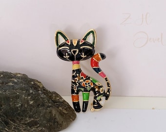 Black Cat Brooch Pin,Handmade Enamel Bag Pin,Animal Accessory Gift for Kids, Girls