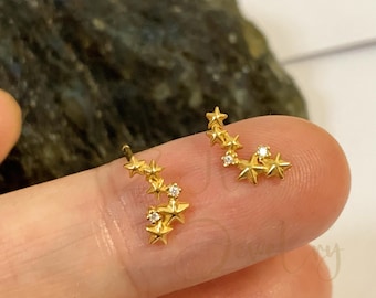 Tiny Gold Star Ear Climber, Piercing Cartilage Conch Studs,Dainty CZ Stud Earrings,Ear Crawler for Girls kids,Minimalist Celestial Earrings