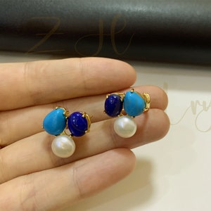Turquoise & Lapis Lazuli and Freshwater Pearl Stud Earrings,Multi-stone Earrings,Unique Earrings for Women,Bridal Jewelry,Christmas Gift
