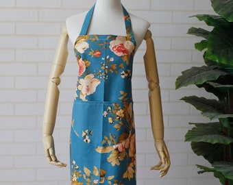 Women's 100% Cotton Canvas Teal Floral Pink Roses Apron Great Gift Idea