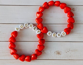 Kids Heart Bracelet, Red Bracelet, Personalized Name Bracelet, Kids Valentines, Girls Valentines Day Gift, Toddler Present, Red Heart