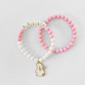 Set of 2, Easter Basket Stuffer, Kid Bunny Bracelet, Charm Bracelet, Kids Easter Gift, Personalized Gift, Girls Name Bracelet, Bunny Jewelry