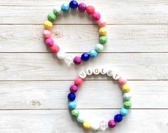 Kids Rainbow Bead Bracelet, Personalized Bracelet, Girl Jewelry, Friendship Bracelet, Toddler Name, Girls Gift, Kids Valentines Day Gift