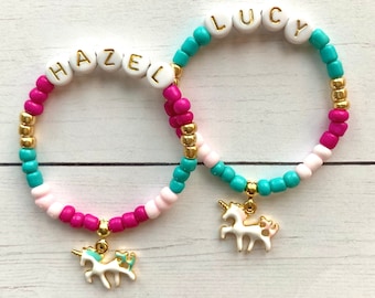 Unicorn Charm Bracelet, Personalized Name Bracelet, Custom Bracelet Girls, Unicorn Gift, Toddler Jewelry, Bead Bracelet for Girls