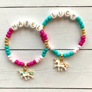 Unicorn Charm Bracelet, Personalized Name Bracelet, Custom Bracelet Girls, Unicorn Gift, Toddler Jewelry, Bead Bracelet for Girls