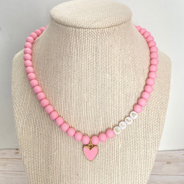 Heart Charm Necklace, Girls Personalized Necklace, Toddler Charm Necklace, Pink Necklace, Little Girls Jewelry, Gift for Kids, Heart Jewelry