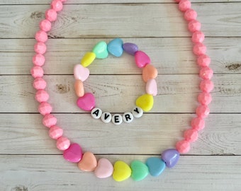 Necklace Set, Personalized Gift For Girls, Name Jewelry, Name Bracelet, Jewelry For Toddler, Girls Birthday Gift, Toddler Heart Necklace