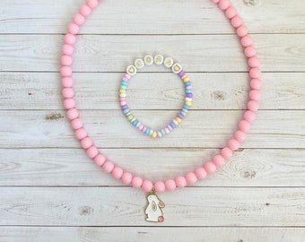 Necklace Set, Bunny Charm Necklace, Toddler Necklace, Bracelet Set, Easter Basket Stuffer, Personalized Bracelet, Girls Easter Gift