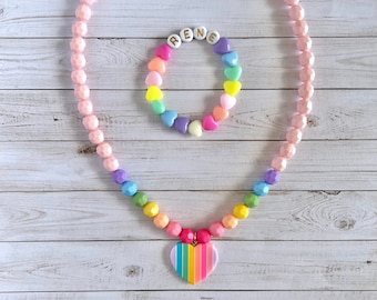 Heart Necklace Set, Personalized Gift For Girls, Name Jewelry, Name Bracelet, Bracelet Set, Jewelry For Toddler, Girls Accessories