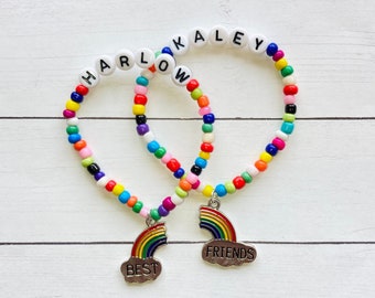 BFF Bracelets, Name Bracelet, Kids Best Friend Bracelets, Rainbow Charm Bracelet, Kid Bracelet, Beaded Stretch Bracelet, Friendship Bracelet