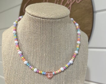 Girls Initial Necklace, Personalized Necklace, Toddler Jewelry, Pink Heart Necklace, Girls Birthday Gift, Kids Necklace, Beaded Jewelry