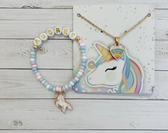 Kids Jewelry Set, Unicorn Jewelry, Gift For Toddler, Toddler Necklace For Girl, Personalized Name Bracelet, Little Girls Heart Necklace