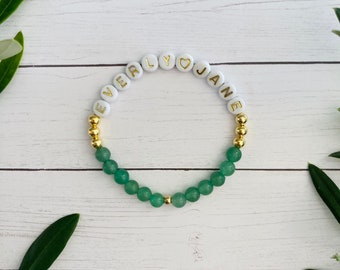 Personalized Date Bracelet, Custom Word Beaded Bracelet, Green Gemstone Bracelet, Personalized Gift, Custom Name Jewelry, Gold Bracelet