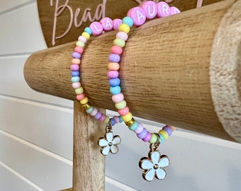 Flower Charm Bracelet, Kids Jewelry, Personalized Name Bracelet, Kids Gift, Little Girls Gift, Jewelry For Toddler, Bead Bracelet for Girls