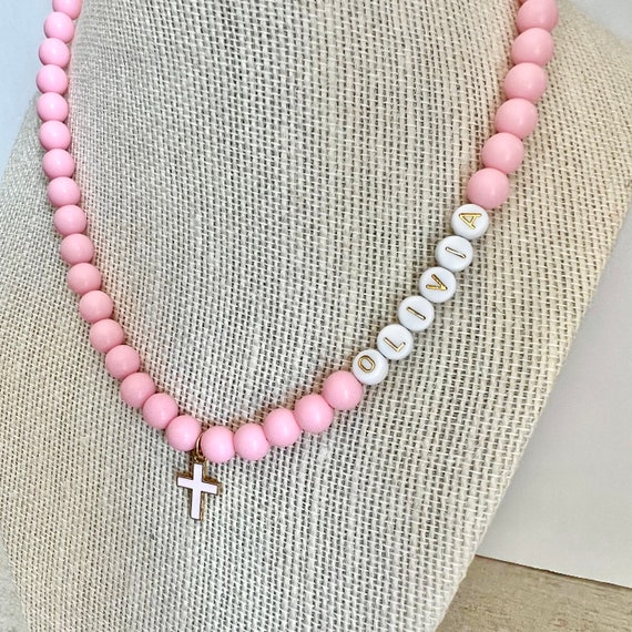 Cross Charm Necklace, Girls Personalized Necklace, Toddler Necklace, Cross  Jewelry, Little Girls Jewelry, Communion Gift, Bead Necklace 