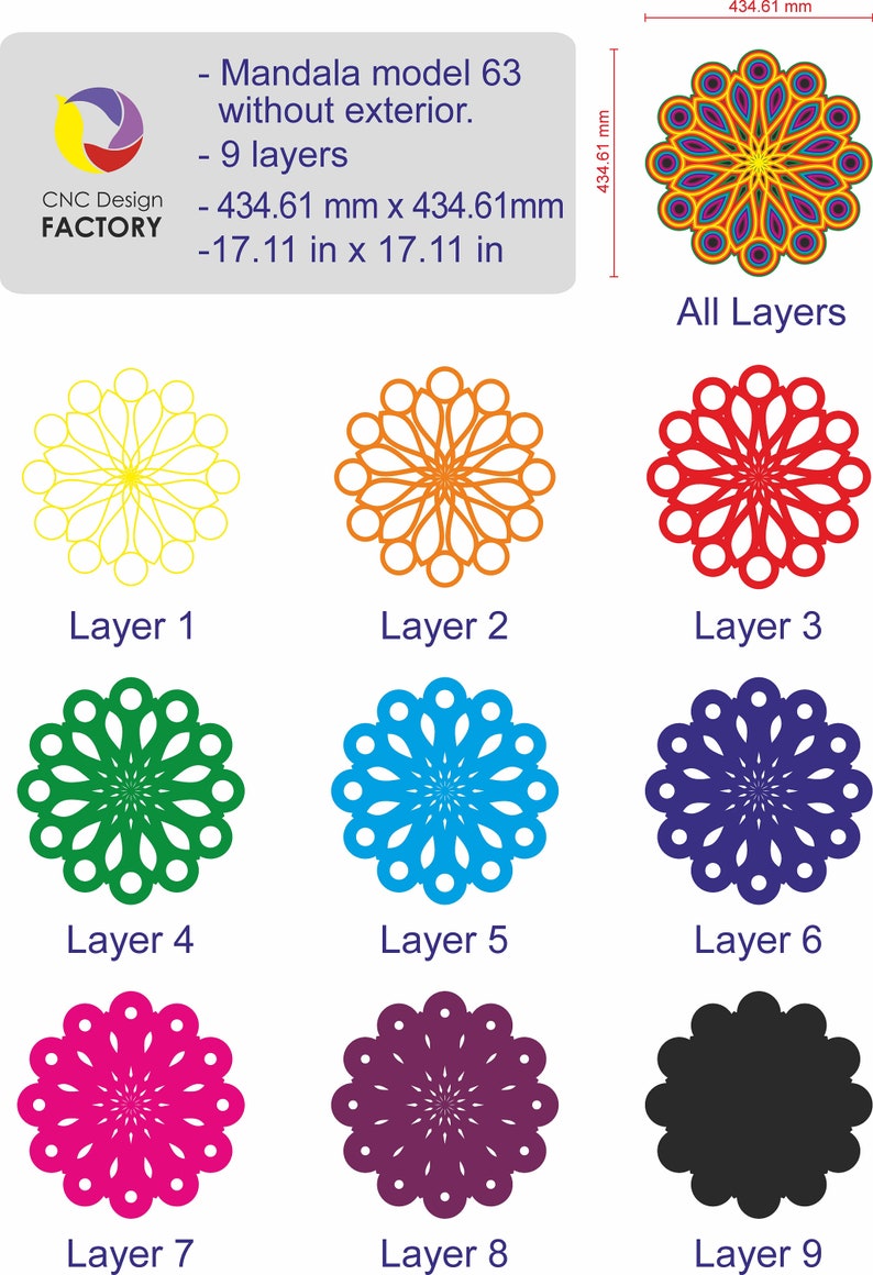 MultiLayer Mandala DXF Laser Cut; Abstract Wall Art Mandala Square; Pattern for draw or cut with CNC router; Dxf,Cdr,Pdf,Svg 9 Model 63WE