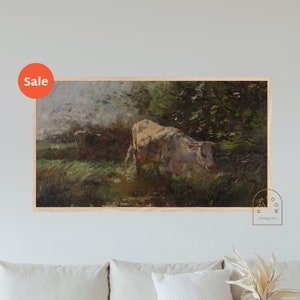 Vacas ao pôr do sol para Frame TV - Paisagem do pôr do sol com vacas em um campo de fazenda Pintura digital Vintage Farm Landscape Art Samsung Frame TV