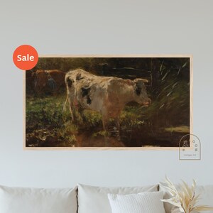 Vacas no lago da fazenda para Frame TV - Paisagem com uma vaca ao pôr do sol Pintura digital de fazenda Arte de paisagem de fazenda vintage para Samsung Frame TV