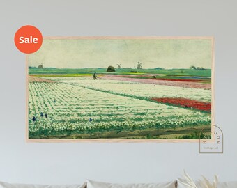 Tulpanfältet för Frame TV - Frodiga, stämningsfulla vårblommor, tulpanfält, abstrakt landskap, vintage oljemålning, konst för Samsung Frame TV