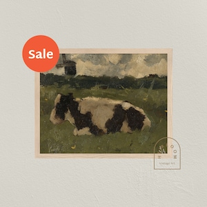 Resting Cow - Landscape with a Resting Cow in a Field on a Farm Digital Antique Painting Vintage Farm Landscape Printable Vintage Art