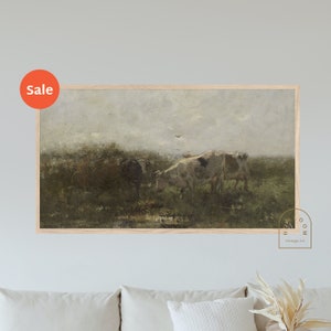 Vacas pastando no campo para Frame TV - Paisagem com vacas em um campo de fazenda Pintura digital Vintage Farm Landscape Art Samsung Frame TV