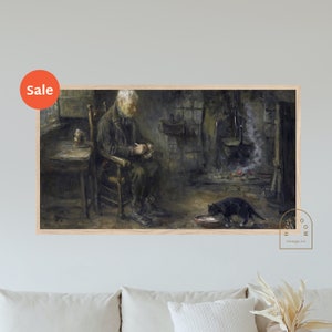A Man and His Cat for Frame TV - Interiors Vintage Oil Painting of A Man with His Cat by the Fire Digital Art for Samsung Frame TV