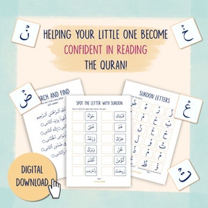 Könnte beinhalten: Lehrmaterialien zum Erlernen des Korans. Das Bild zeigt Arbeitsblätter mit arabischen Buchstaben und Wörtern sowie Karteikarten. Der Text auf dem Bild lautet "Helping your little one become confident in reading the Quran!" und "Digital Download."