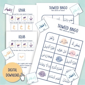 Tajweed Bingo Gioco per bambini con le regole di mezzogiorno Sakinah e Tanween, una risorsa islamica pratica