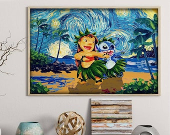 Stitch Starry Night Poster, Lilo And Friends Canvas Poster, Stitch Wall Art Poster, Nursery Art Decor, Home Decor Poster Wall Art Print