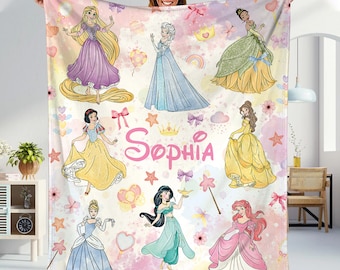 Personalized Watercolor Coquette Bows Disneyland Princess Blanket, Disneyland Baby Girl Trip Blanket, Princess Birthday Girl Gift For Her