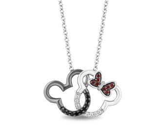 Disney Mickey Mouse & Minnie Pendant, Diamond Mickey Pendant, 14K Two Tone Gold Cartoon Necklace, Womens Anniversary Birthday Gift Pendant