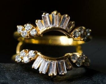 Art Deco Engagement Enhancer Wedding Wrap Ring Guard, Victorian Style Round & Baguette Cut Moissanite Enhancer Ring 14K Yellow Gold Finish