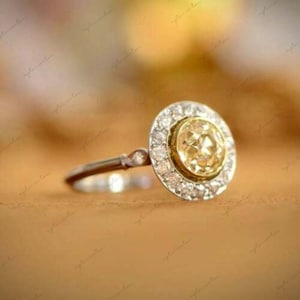 Art Deco Yellow Diamond Vintage Halo Ring - Round Cut Bezel Set Diamond Engagement Ring - Solid 925 Silver Womens Anniversary Diamond Ring