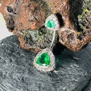 1.50 Ct Emerald & Diamond Navel Belly Button Ring // Trillion Halo Style Body Piercing Jewelry // Solid 925 Silver Girl&#39;s Belly Button Rings