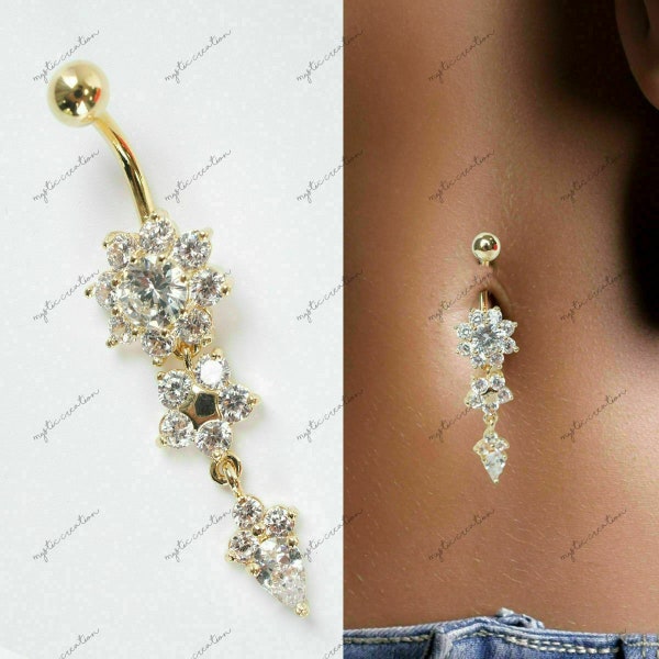 1.10 CTW Diamond Navel Belly Button Ring // Flower Dangle Bar Barbell Body Piercing Jewelry // 14K Yellow Gold Finish Belly Button Rings