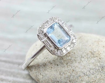 1.80 Ct Aquamarine & Diamond Excellent Art Deco Style Engagement Wedding Ring 14K White Gold Over for Women's and Girl's Anniversary Gift