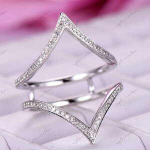 Chevron Style Estate Engagement Enhancer Wedding Wrap Ring 1/2 Carat Moissanite Anniversary Enhancer Guard Ring In 14K White Gold Finish