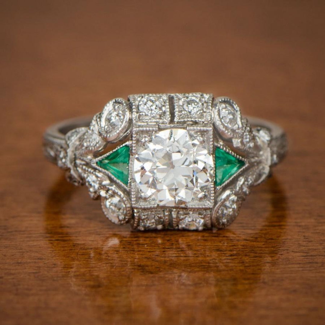 Art Deco 1.75 Ct Diamond &amp; Green Emerald - Art Deco Engagement Wedding ...