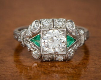 Art Deco 1.75 Ct Diamond & Green Emerald - Art Deco Engagement Wedding Ring - 925 Silver Milgrain Ring - Women's Anniversary Gift Ring