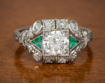 Art Deco 1.75 Ct Diamond & Green Emerald - Art Deco Engagement Wedding Ring - 925 Silver Milgrain Ring - Women&#39;s Anniversary Gift Ring