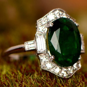 Art Deco 2.50 Ct Oval Green Emerald & Diamond - Art Deco Halo Engagement Wedding Ring - Women's Anniversary Gift Ring - 14K White Gold Over