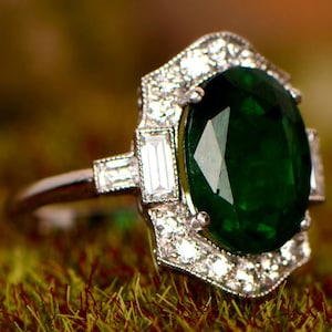 Art Deco 2.50 Ct Oval Green Emerald & Diamond - Art Deco Halo Engagement Wedding Ring - Women's Anniversary Gift Ring - 14K White Gold Over