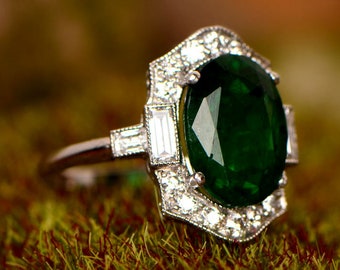 Art Deco 2.50 Ct Oval Green Emerald & Diamond - Art Deco Halo Engagement Wedding Ring - Women&#39;s Anniversary Gift Ring - 14K White Gold Over