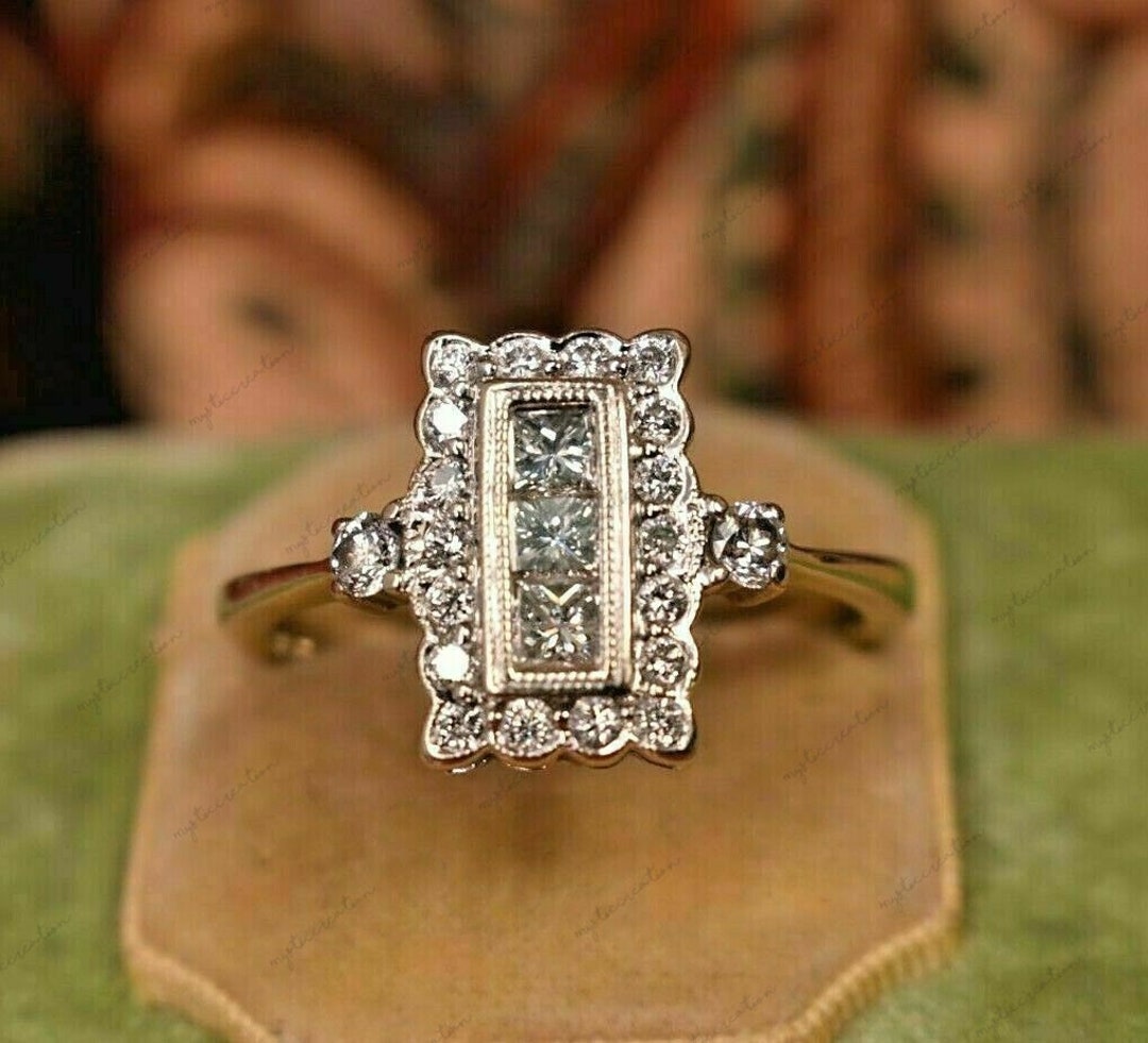 Art Deco 3-stone Diamond Vintage Style Ring Princess Cut - Etsy